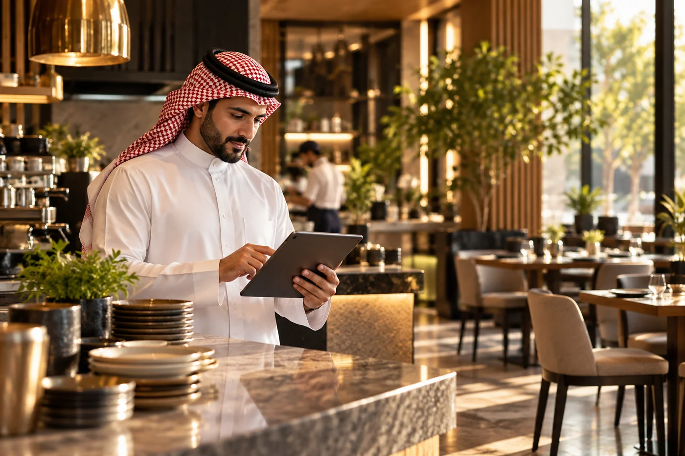 صاحب مطعم يضبط إجراءات فرعه من جهاز لوحي